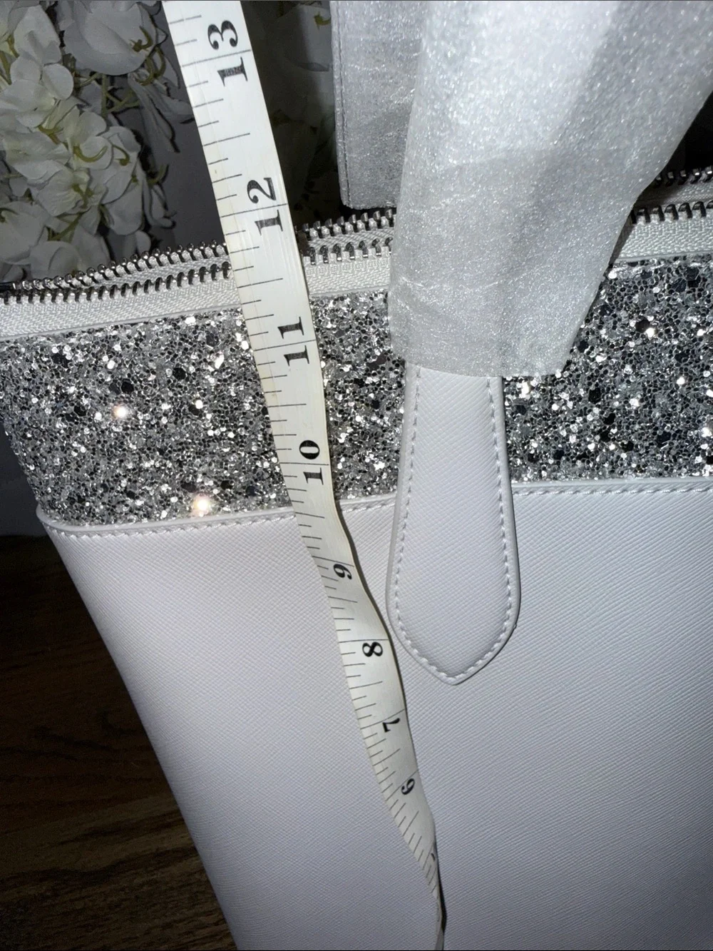 kate spade White Tote with Silver Glitter Accent